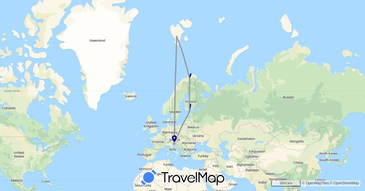 TravelMap itinerary: driving, plane, boat in Estonia, Finland, Italy, Norway, Slovenia (Europe)